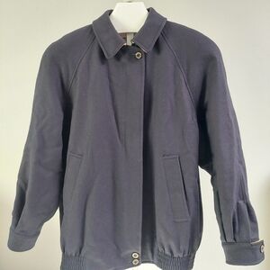 Vintage Burberrys Wool Bomber Coat Size 8 Navy Blue‎ Equestrian Logo Classy
